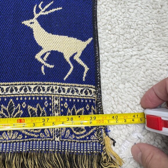 Abu Gazala Egyptian Blue Throw Shawl Or Wall Hanging Deer & Floral Fringe Trim - Picture 5 of 6